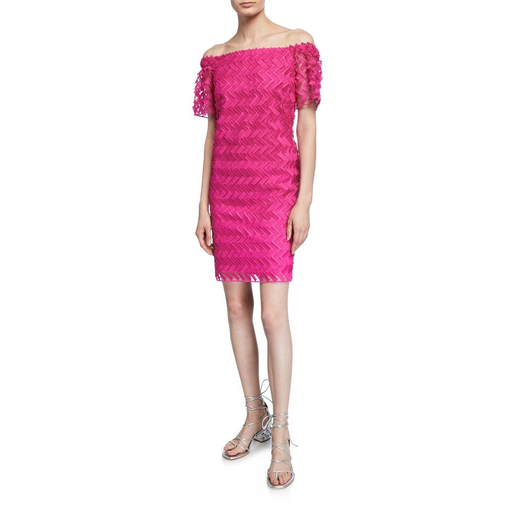 Trina Turk Seaway ZigZag Eyelash Lace Dress Hot Pink Off Shoulder Barbiecore